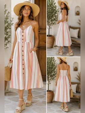 Japna Striped Cotton Button Front Midi Sundress w/ Pockets Size M